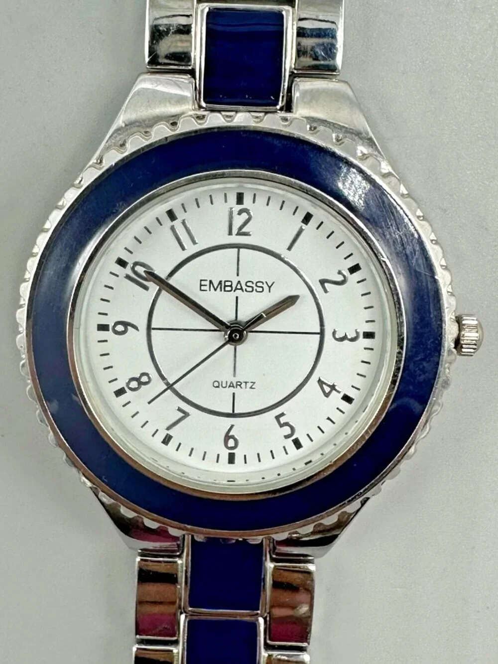 3/$30 Embassy Watch Women Silver Tone Blue Enamel Round White Dial 7